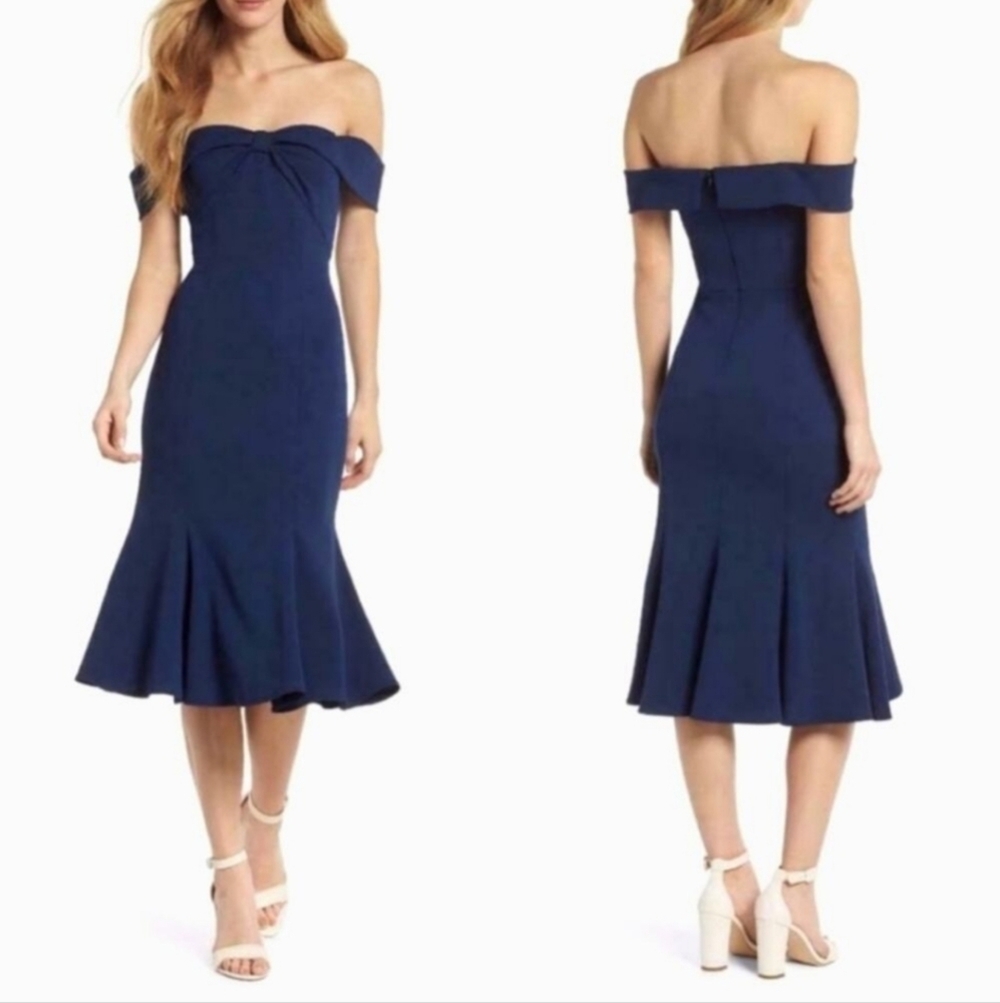 Gal Meets Glam Tyler Off Shoulder Bow Front Dress Navy‎ Blue 14 Cocktail Wedding